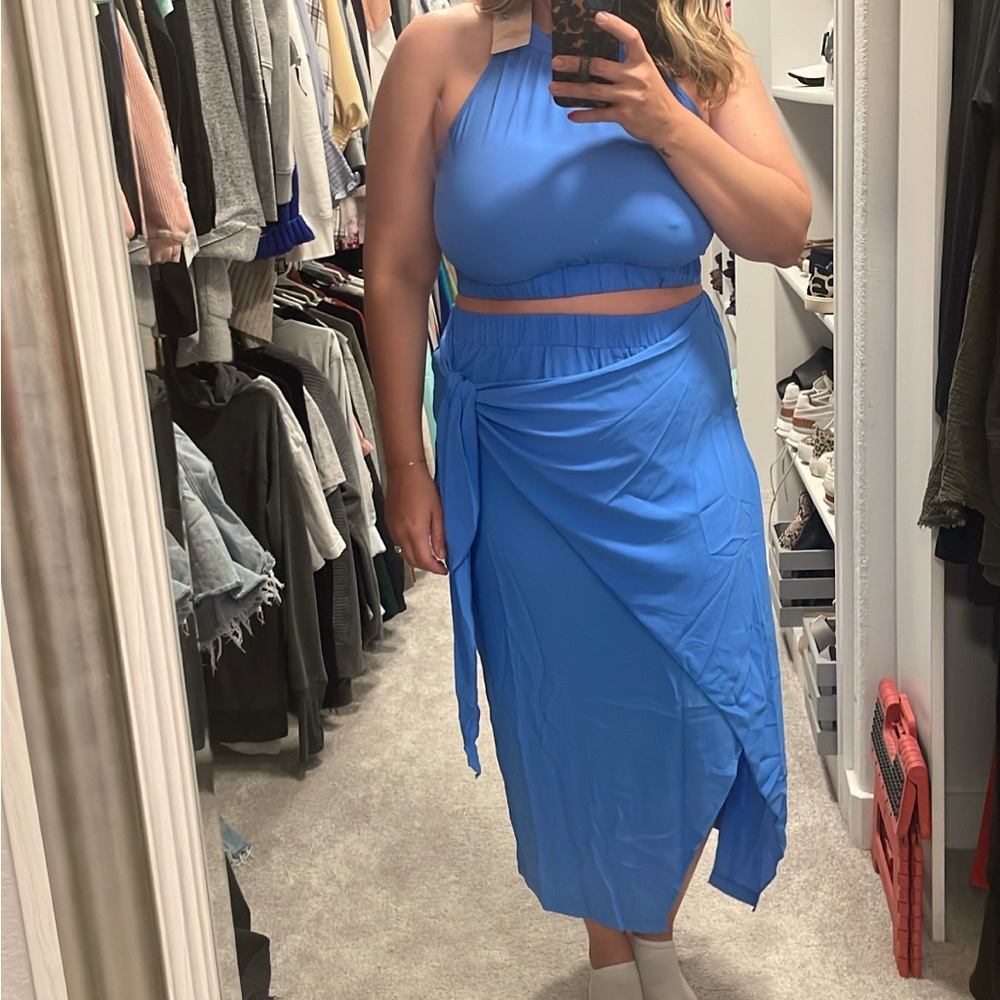 Amazon Blue Wrap Midi Skirt with Side Tie